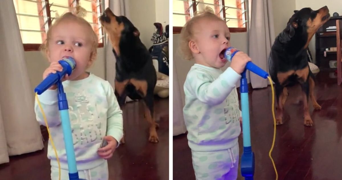 baby girl sings with dog