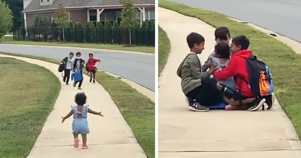 little girl greets brothers after school