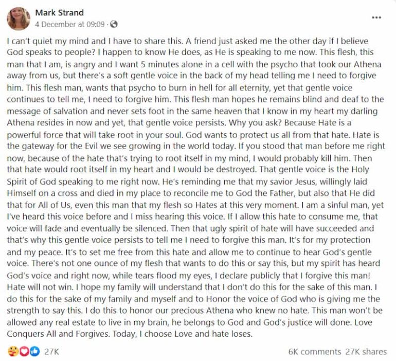 Grandfather Of 7-Year-Old Athena Strand Forgives Her Killer In Heart ...
