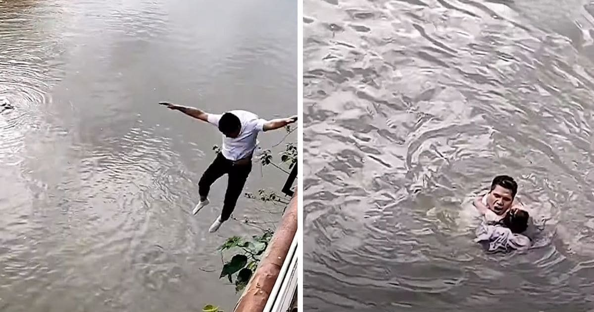 man jumps off riverbank