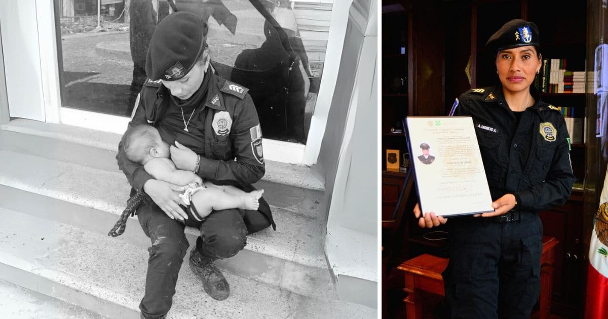 police officer feeds baby