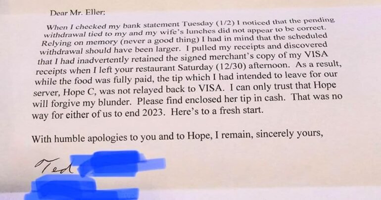generous tip letter